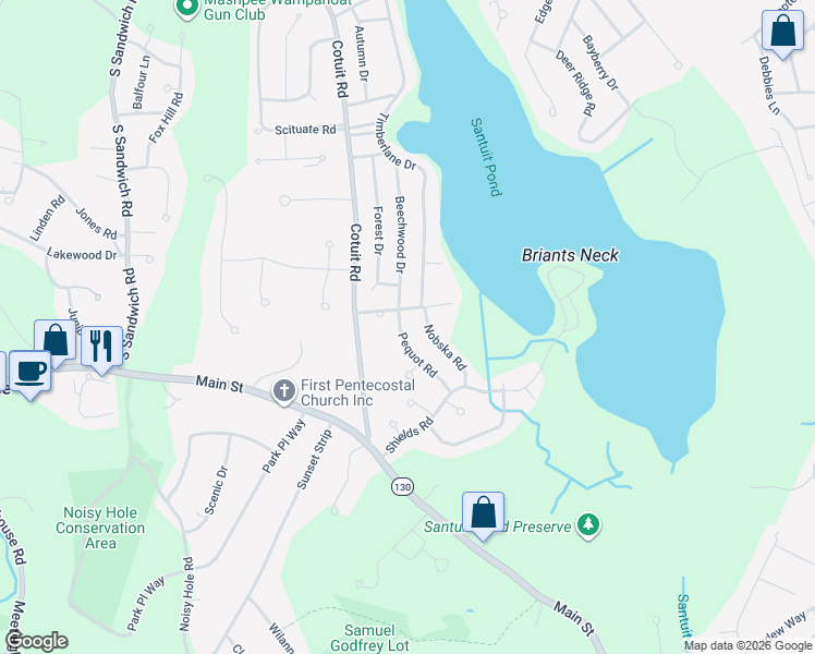 map of restaurants, bars, coffee shops, grocery stores, and more near 35 Pequot Road in Mashpee