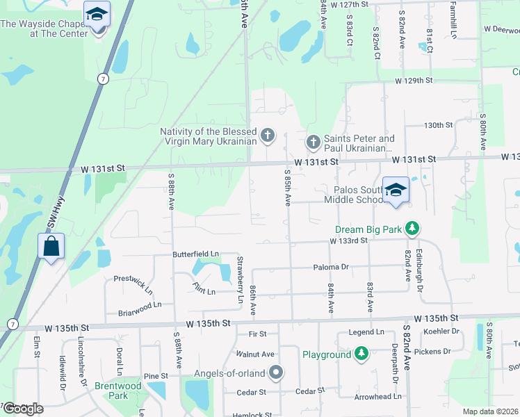map of restaurants, bars, coffee shops, grocery stores, and more near 13215 South 86th Avenue in Palos Park