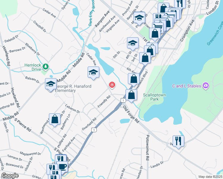map of restaurants, bars, coffee shops, grocery stores, and more near 61 Cedar Avenue in East Greenwich
