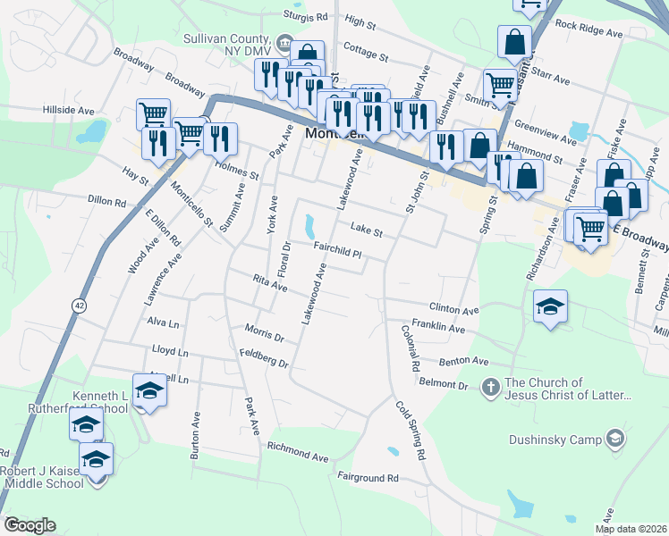 map of restaurants, bars, coffee shops, grocery stores, and more near 6 Madeline Avenue in Monticello