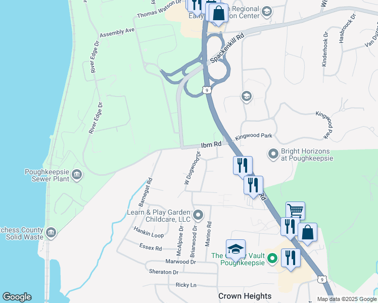 map of restaurants, bars, coffee shops, grocery stores, and more near 20 Ibm Road in Poughkeepsie