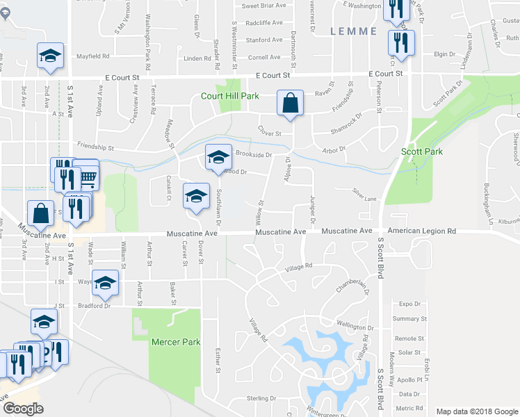 map of restaurants, bars, coffee shops, grocery stores, and more near 821 Willow Street in Iowa City