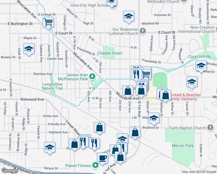 map of restaurants, bars, coffee shops, grocery stores, and more near 1929 Muscatine Avenue in Iowa City