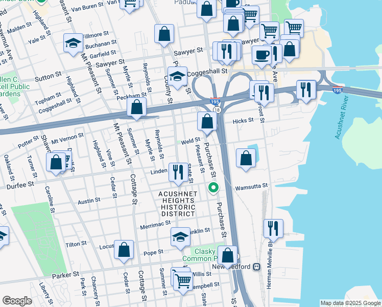 map of restaurants, bars, coffee shops, grocery stores, and more near 220 State Street in New Bedford