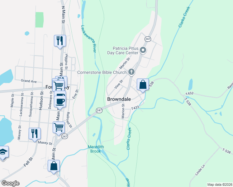 map of restaurants, bars, coffee shops, grocery stores, and more near 104 Vine Street in Forest City