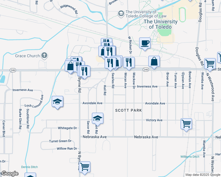 map of restaurants, bars, coffee shops, grocery stores, and more near 1010 Keil Road in Toledo
