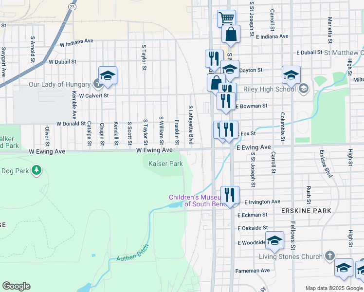 map of restaurants, bars, coffee shops, grocery stores, and more near 400 West Ewing Avenue in South Bend