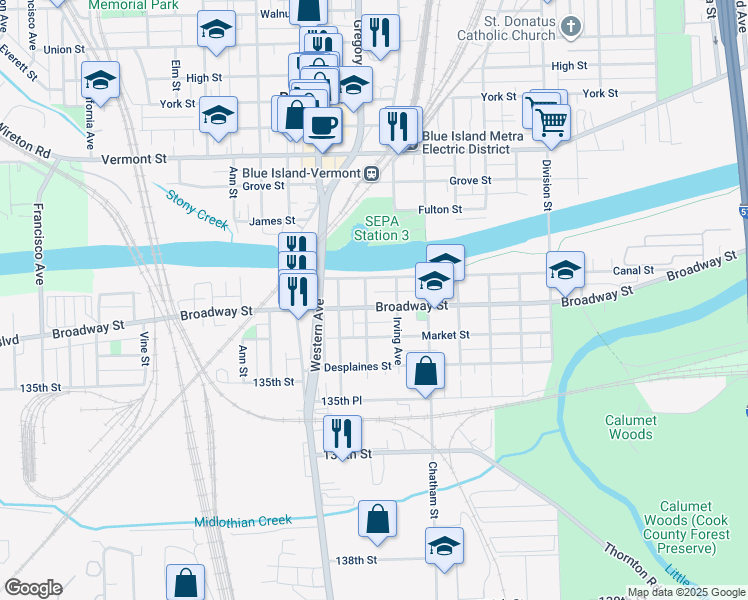map of restaurants, bars, coffee shops, grocery stores, and more near 2315 Broadway Street in Blue Island