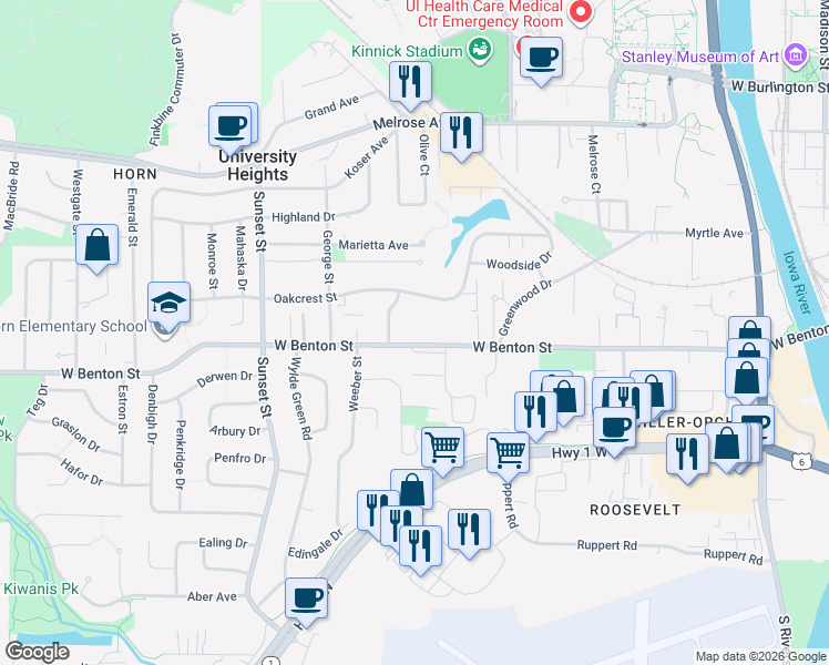 map of restaurants, bars, coffee shops, grocery stores, and more near 1000 West Benton Street in Iowa City