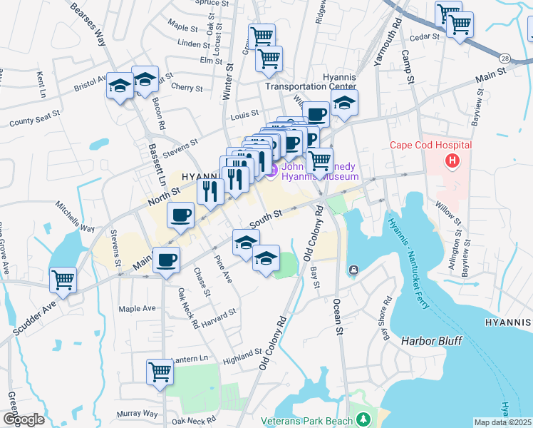 map of restaurants, bars, coffee shops, grocery stores, and more near Pearl Street in Barnstable
