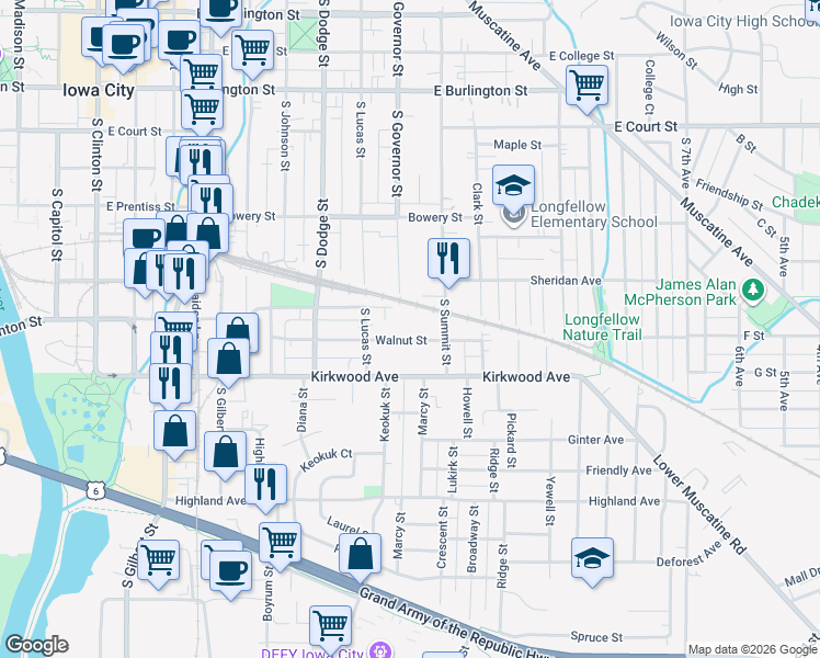 map of restaurants, bars, coffee shops, grocery stores, and more near 916 Walnut Street in Iowa City