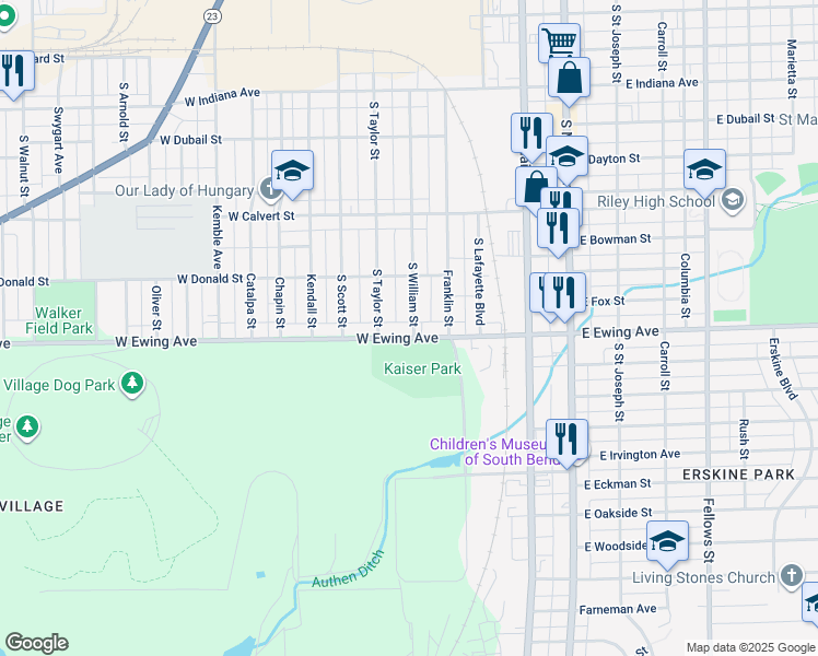 map of restaurants, bars, coffee shops, grocery stores, and more near 400 West Ewing Avenue in South Bend