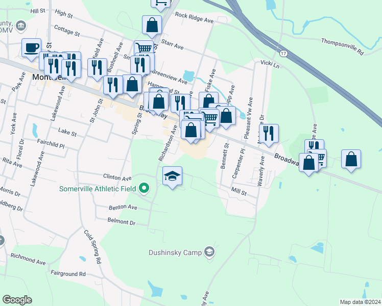 map of restaurants, bars, coffee shops, grocery stores, and more near 23 Richardson Avenue in Monticello