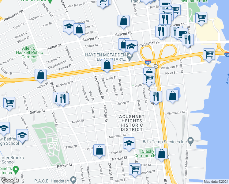 map of restaurants, bars, coffee shops, grocery stores, and more near 45 Myrtle Street in New Bedford