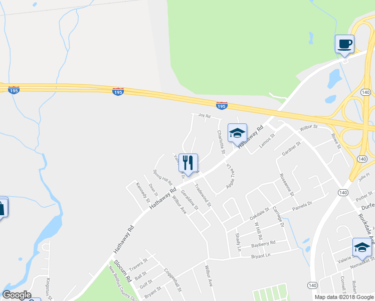 map of restaurants, bars, coffee shops, grocery stores, and more near 60 Nellie Road in New Bedford