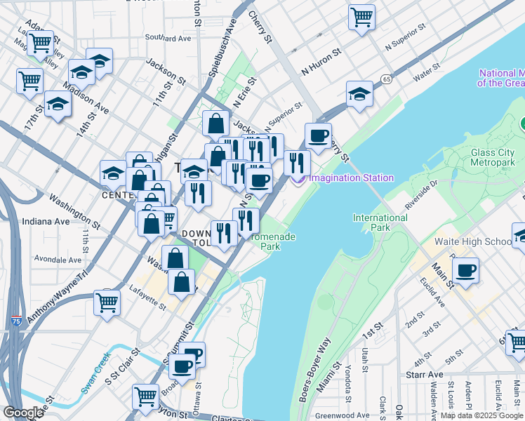 map of restaurants, bars, coffee shops, grocery stores, and more near in Toledo