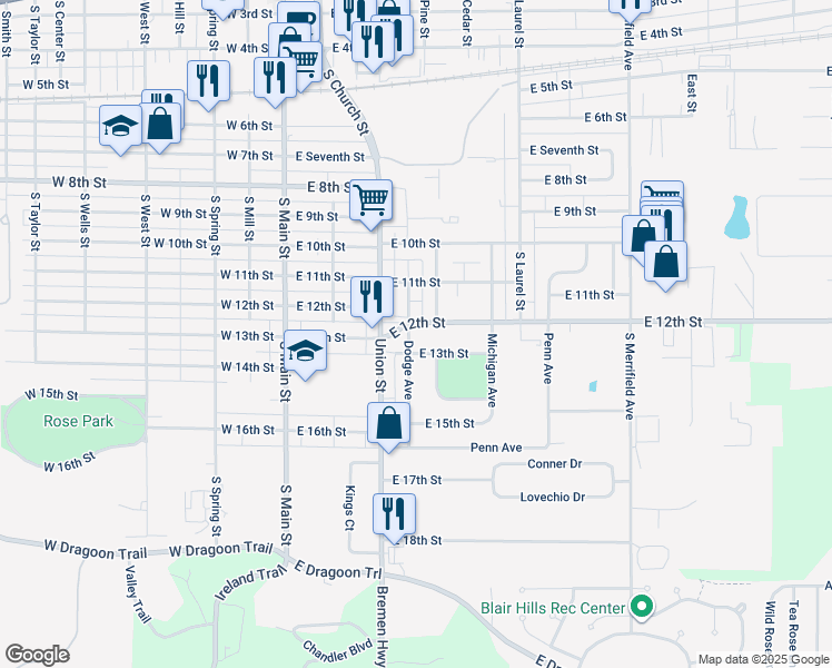 map of restaurants, bars, coffee shops, grocery stores, and more near 1110 Dodge Avenue in Mishawaka