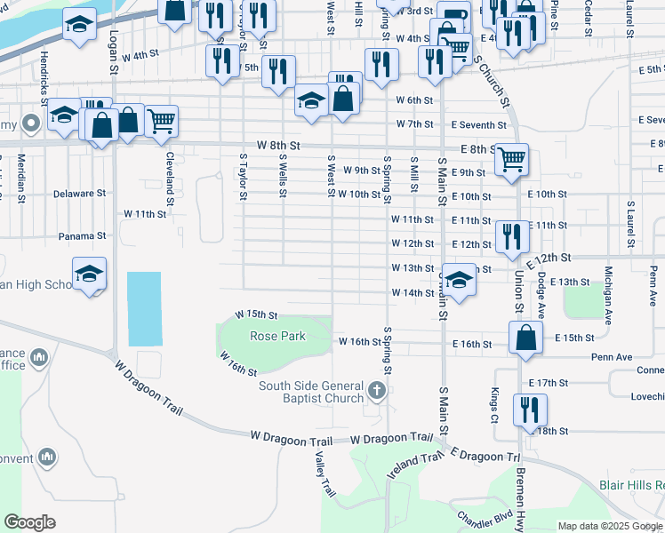 map of restaurants, bars, coffee shops, grocery stores, and more near 501 West 13th Street in Mishawaka
