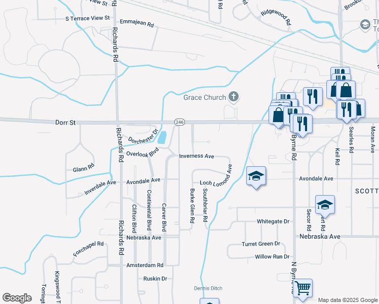 map of restaurants, bars, coffee shops, grocery stores, and more near 3929 Inverness Avenue in Toledo
