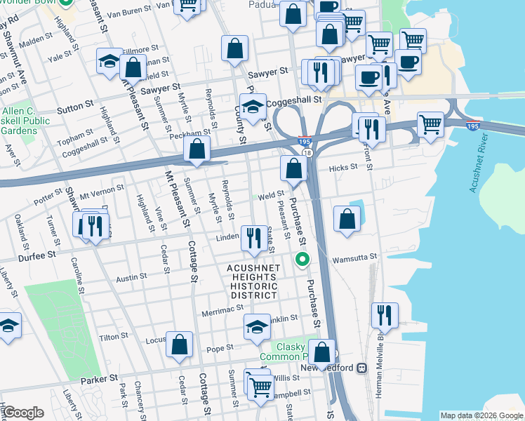 map of restaurants, bars, coffee shops, grocery stores, and more near 229 State Street in New Bedford