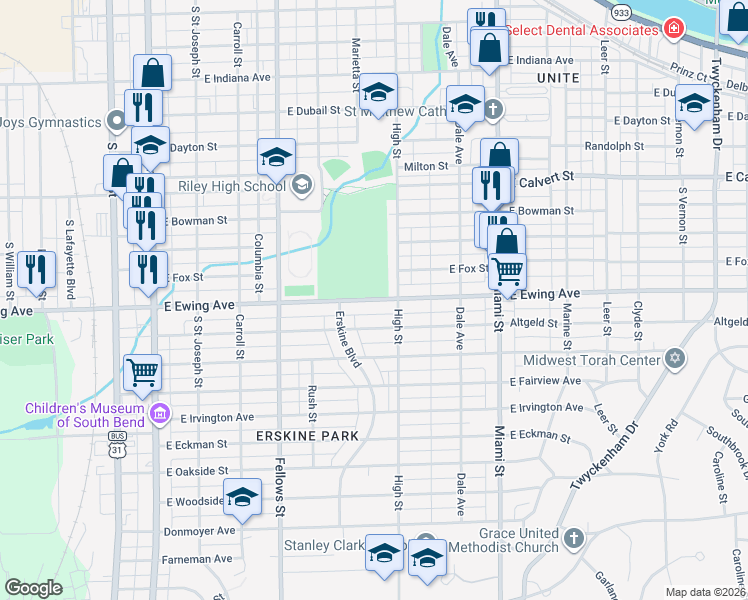 map of restaurants, bars, coffee shops, grocery stores, and more near 702 East Ewing Avenue in South Bend