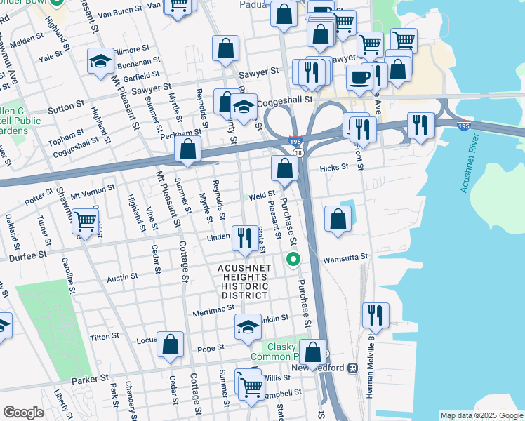 map of restaurants, bars, coffee shops, grocery stores, and more near 220 State Street in New Bedford