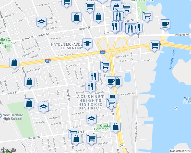 map of restaurants, bars, coffee shops, grocery stores, and more near 220 State Street in New Bedford