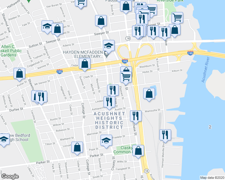 map of restaurants, bars, coffee shops, grocery stores, and more near 869 County Street in New Bedford