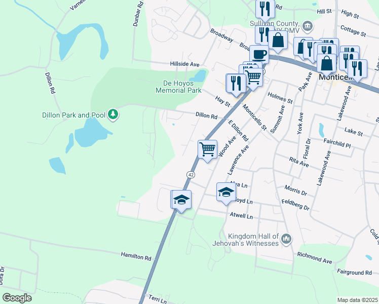 map of restaurants, bars, coffee shops, grocery stores, and more near 131 Forestburgh Road in Monticello