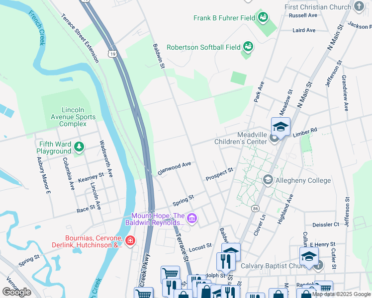 map of restaurants, bars, coffee shops, grocery stores, and more near 516 Baldwin Street in Meadville