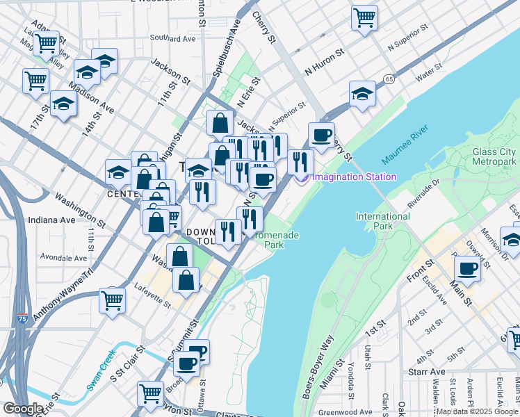 map of restaurants, bars, coffee shops, grocery stores, and more near 245 North Summit Street in Toledo