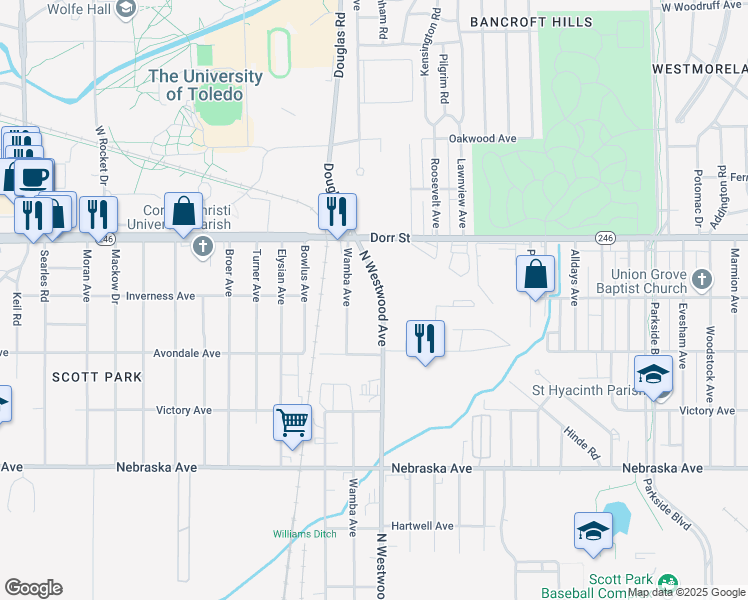 map of restaurants, bars, coffee shops, grocery stores, and more near 1015 North Westwood Avenue in Toledo