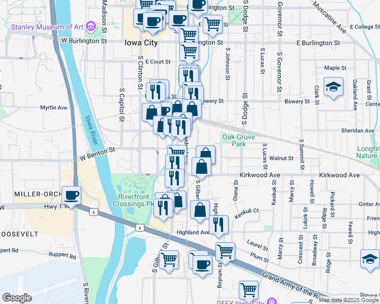 map of restaurants, bars, coffee shops, grocery stores, and more near 917 South Gilbert Court in Iowa City