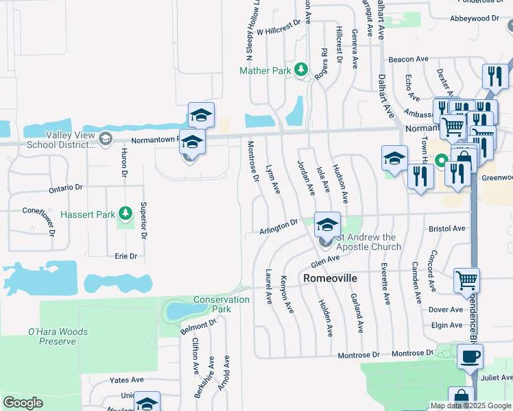 map of restaurants, bars, coffee shops, grocery stores, and more near 613 Nelson Avenue in Romeoville