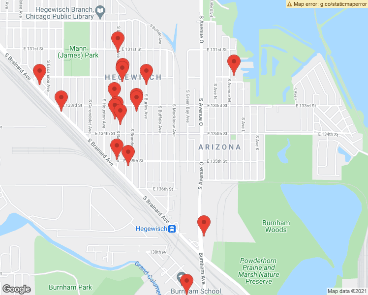 map of restaurants, bars, coffee shops, grocery stores, and more near 13400 South Green Bay Avenue in Chicago