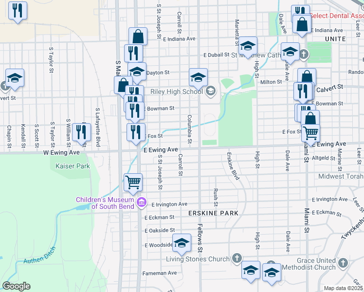 map of restaurants, bars, coffee shops, grocery stores, and more near 302-314 East Ewing Avenue in South Bend