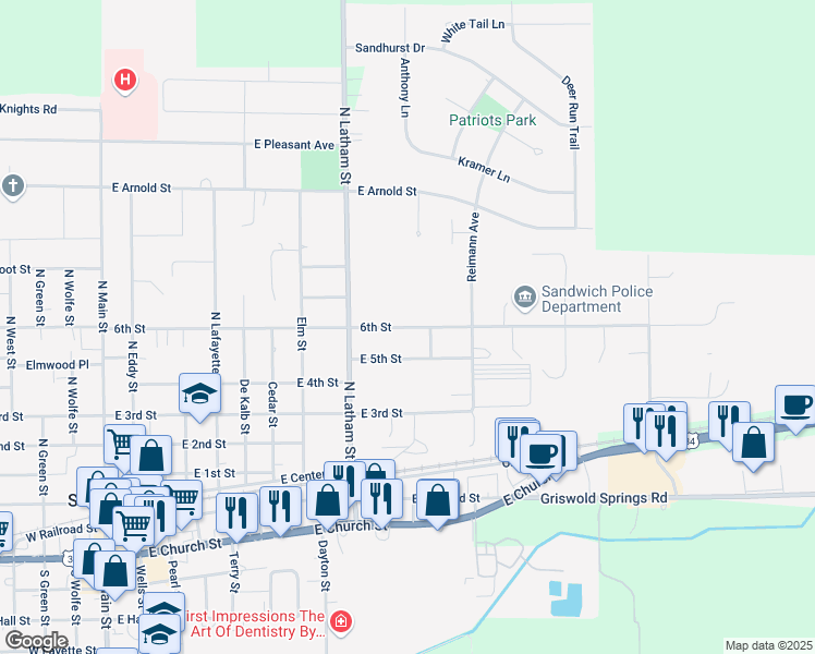 map of restaurants, bars, coffee shops, grocery stores, and more near 1014 6th St in Sandwich