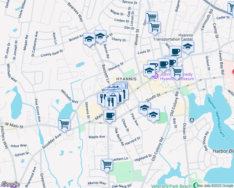 map of restaurants, bars, coffee shops, grocery stores, and more near 29 Bassett Lane in Barnstable