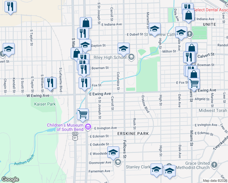 map of restaurants, bars, coffee shops, grocery stores, and more near 302-314 East Ewing Avenue in South Bend