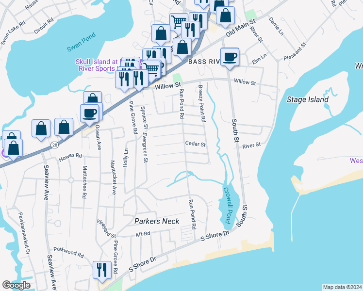 map of restaurants, bars, coffee shops, grocery stores, and more near 31 Cedar Street in Yarmouth