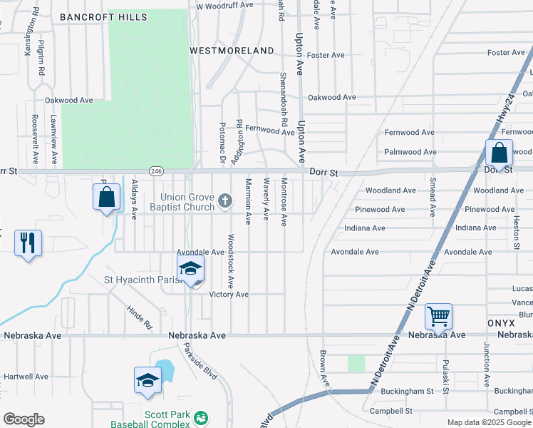 map of restaurants, bars, coffee shops, grocery stores, and more near 1998 Midway Plaisance Street in Toledo