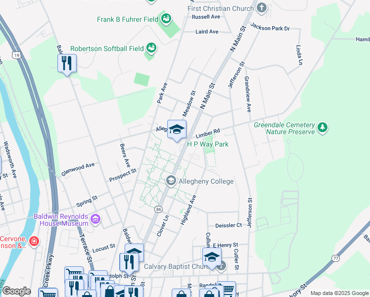 map of restaurants, bars, coffee shops, grocery stores, and more near 421 North Main Street in Meadville