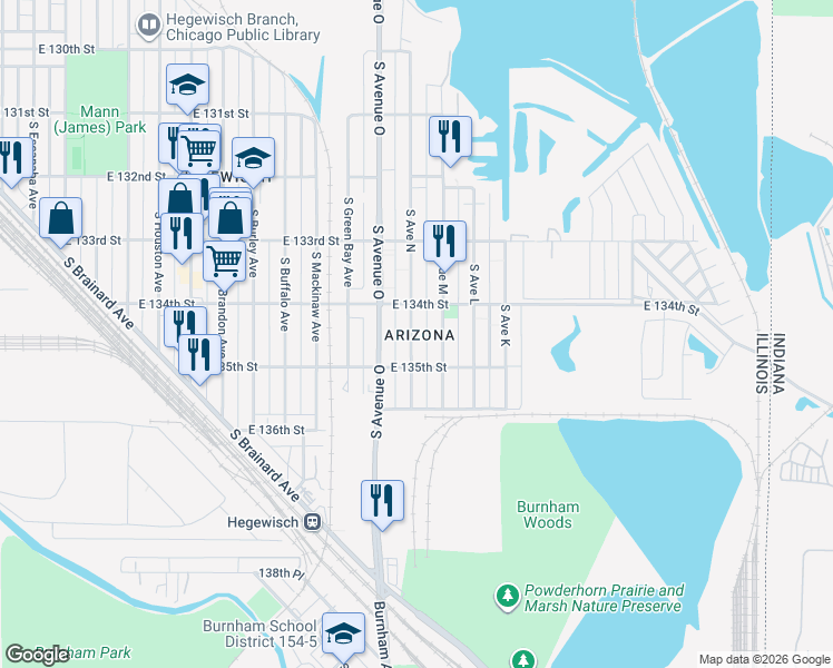 map of restaurants, bars, coffee shops, grocery stores, and more near 13445 South Avenue North in Chicago