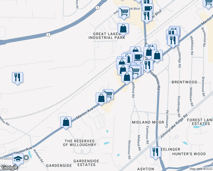 map of restaurants, bars, coffee shops, grocery stores, and more near 7191 Mentor Avenue in Mentor