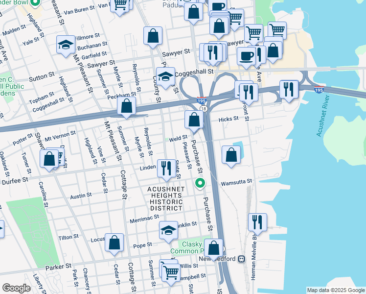 map of restaurants, bars, coffee shops, grocery stores, and more near 220 State Street in New Bedford