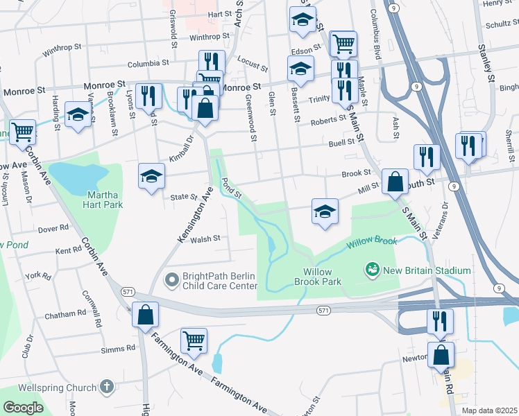 map of restaurants, bars, coffee shops, grocery stores, and more near 205 Mill Street in New Britain