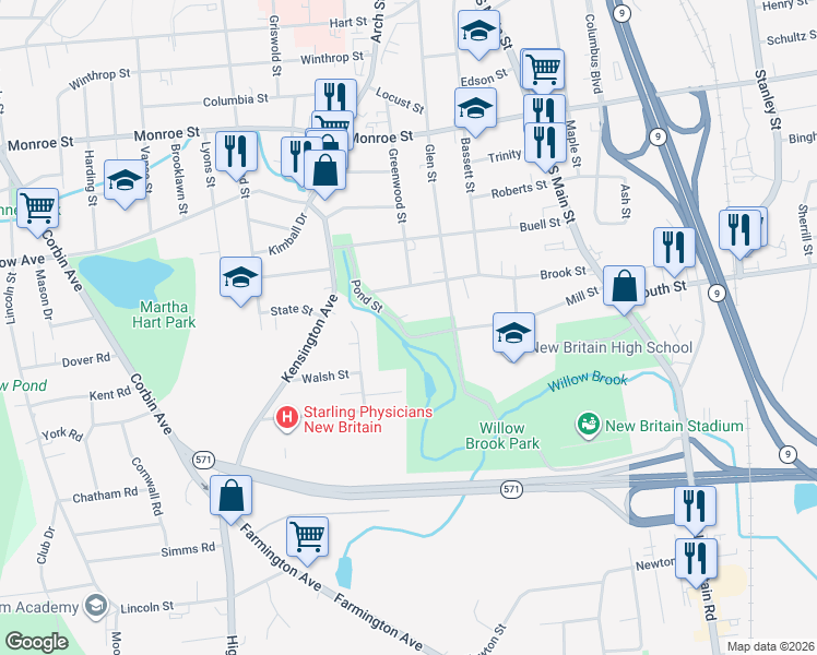 map of restaurants, bars, coffee shops, grocery stores, and more near 205 Mill Street in New Britain
