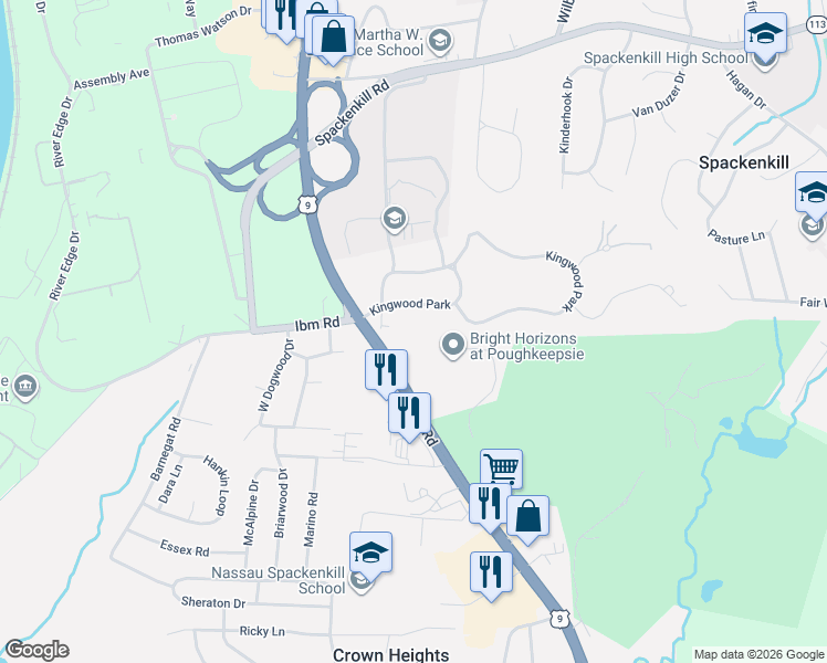 map of restaurants, bars, coffee shops, grocery stores, and more near 195 Kingwood Park in Poughkeepsie