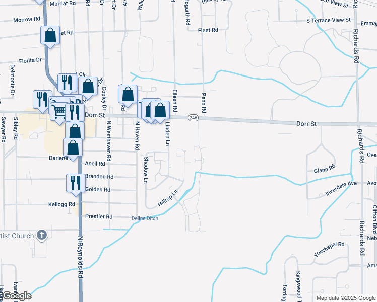 map of restaurants, bars, coffee shops, grocery stores, and more near 4740 Shinnecock Hill in Toledo