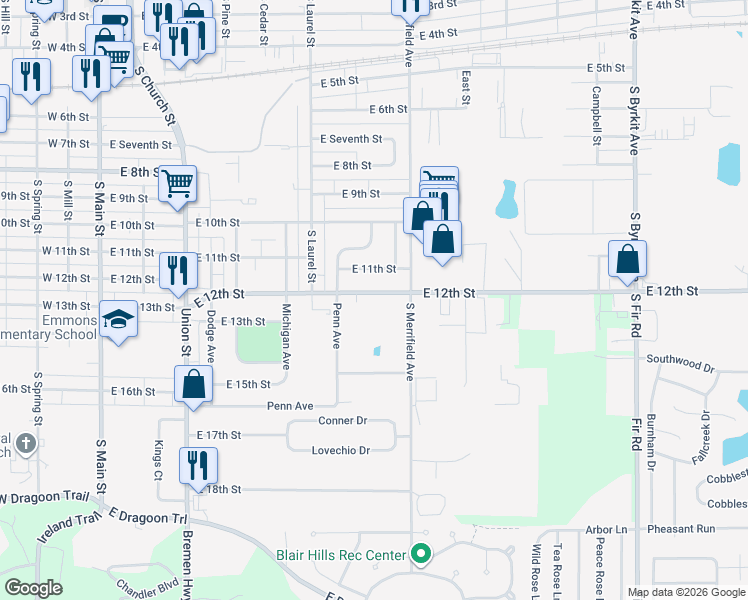 map of restaurants, bars, coffee shops, grocery stores, and more near 811 East 12th Street in Mishawaka